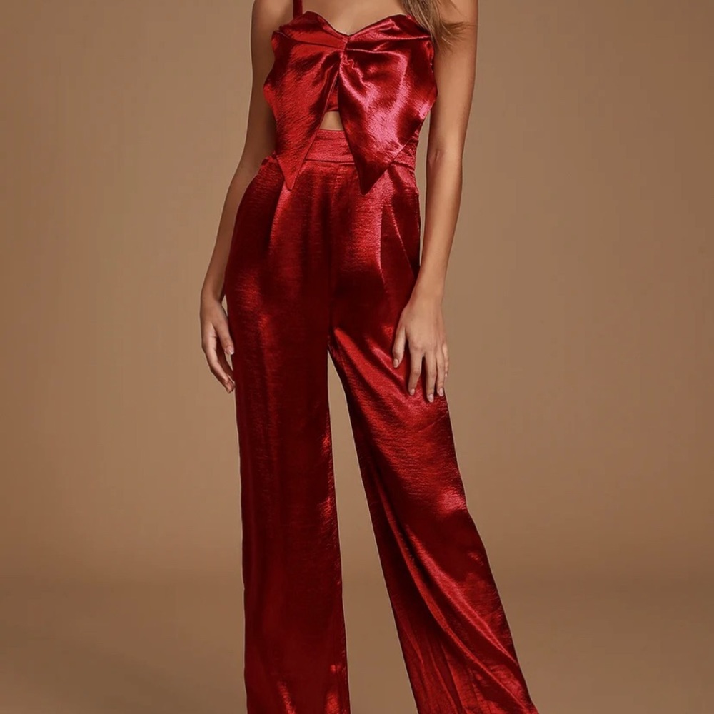 Wine Red Satin Cutout Wide-Leg Jumpsuit